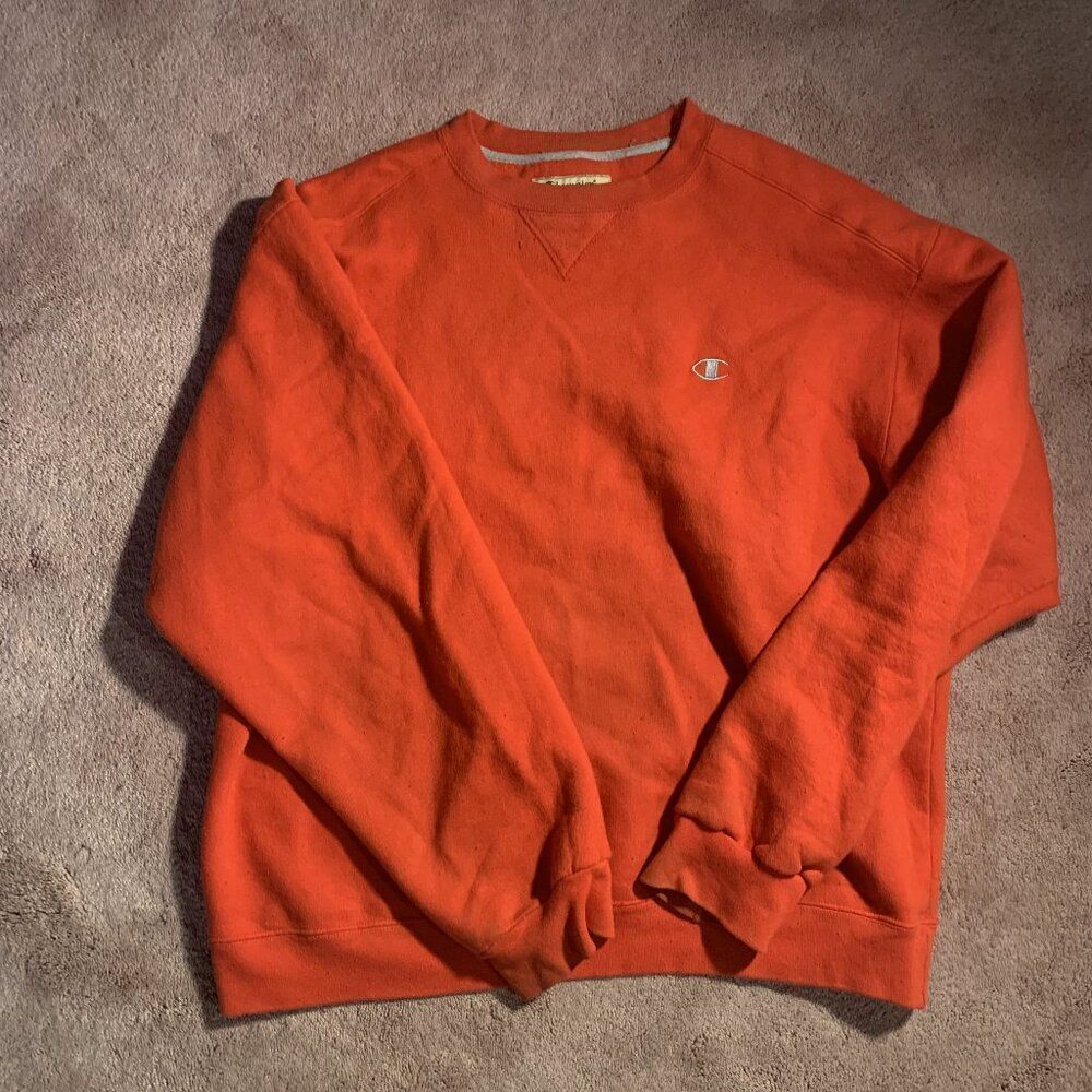 Champion Mens Crewneck Sweatshirt Orange Embroidered Logo‎ Fleece Large